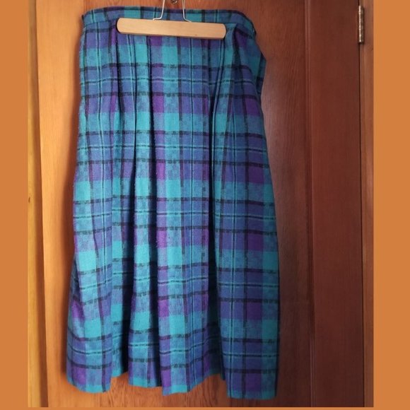 Vintage 80s, tartan check, pleated, lined skirt side opening, L, US 16, purple+ - Picture 1 of 9